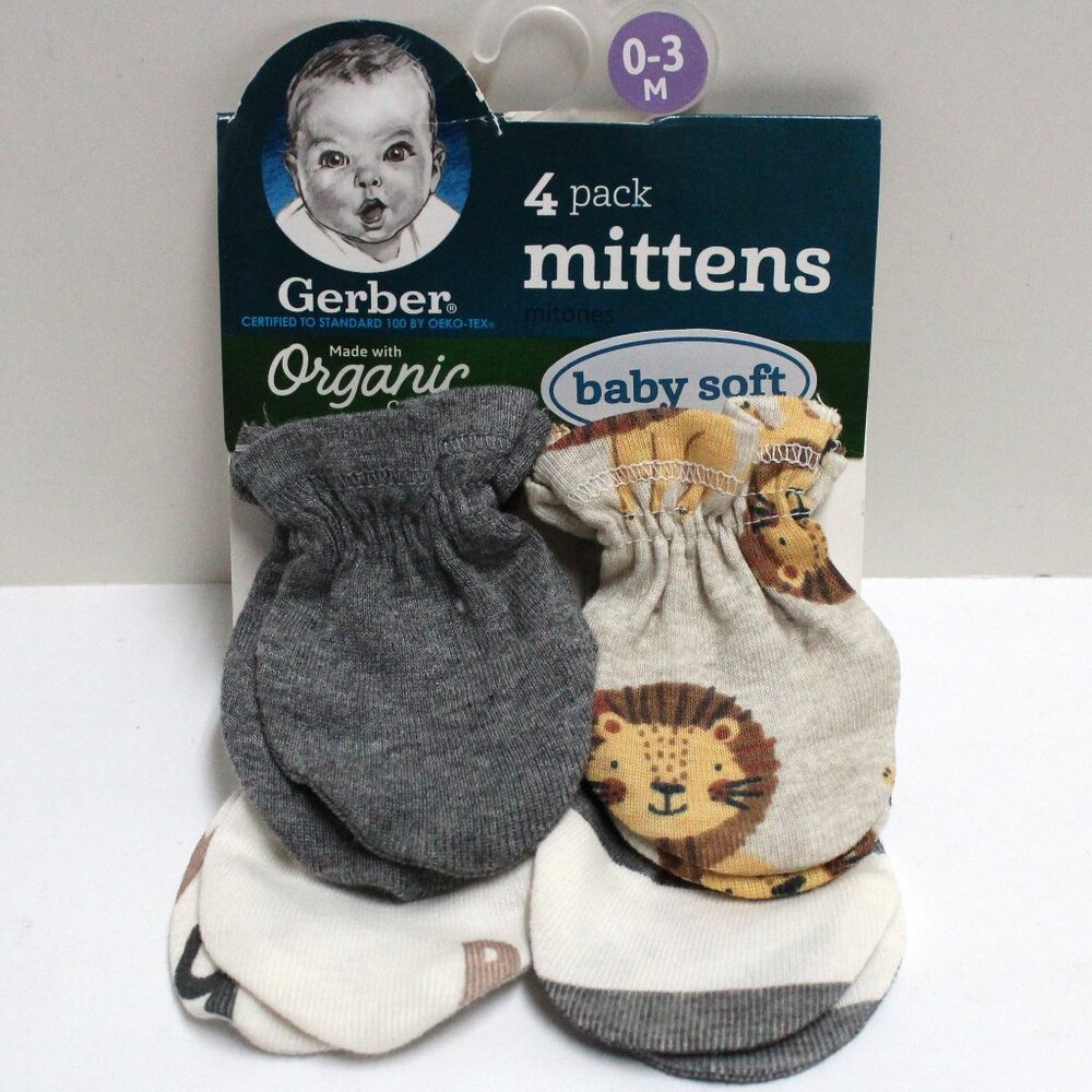 New 4 Pack Gerber Baby 0 - 3 Months Mittens Made With 100% Organic Cotton